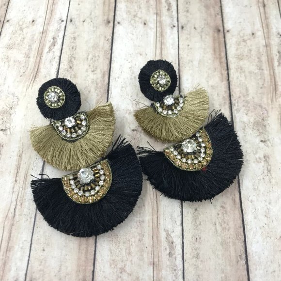 Black and Gold 3 Tier Crescent Tassel Post Earrings~Saints Earrings - Picture 2 of 2